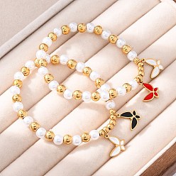 Бабочка 201 браслеты из нержавеющей стали с круглыми бусинами, с 304 подвесками из нержавеющей стали и пластиковым искусственным жемчугом, бабочка, внутренний диаметр: 1-7/8 дюйм (4.9 см), Кулон : 12x12x1.5 мм