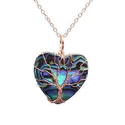 Light Gold Tree Of Life Wire Wrapped Peach Heart Abalone Shell Shape Stone Pendant Necklaces, Light Gold, 19.69 inch(50cm)