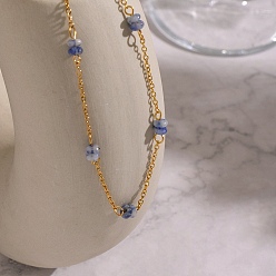 Синий Минималистичные колье из натуральных камней в форме ронделей, украшенные бусинами и цепочками из нержавеющей стали., реальный 304 k позолоченный, синие, 18 дюйм (15.35 см)