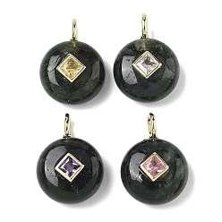 Мосс Агат Природные моховой агат подвески, плоские круглые подвески с латунной микропаве из кубических цирконий случайных цветов, золотые, 22x16x6.5~8 мм, отверстие : 2.5x4 мм