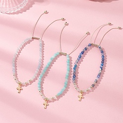 (52) Непрозрачная лаванда Смешанные каменные плетеные браслеты из бисера, крест прелести, разноцветные, внутренний диаметр: 2-1/4~3-1/4 дюйм (5.55~8.35 см)