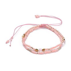 Pink Braided Beaded Bracelets, with Glass Seed Beads, Natural Gemstone Beads, Brass Bead Spacers and Burlap Bags, Pink, 55mm