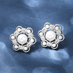 Платина Серьги-гвоздики из искусственного жемчуга с цветком из латуни и АБС-пластика, долговечный, без кадмия и без свинца, стойки покрытие, платина, 20x22 мм