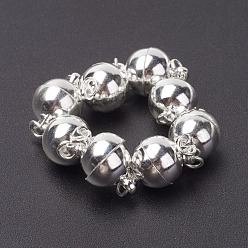 Silver Brass Magnetic Clasps with Loops, Nickel Free, Round, Silver Color Plated, 16x10mm, Hole: 2mm
