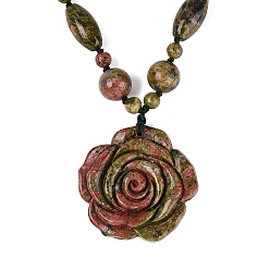 Unakite Natural Unakite Flower Pendant Necklaces, with Stainless Steel Clasps, Stainless Steel Color, 18.50 inch(47cm)~20.67 inch(52.5cm)