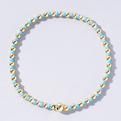 Темно-Голубой Женские браслеты из круглых бусин в корейском стиле из стекла и латуни, глубокое синее небо, внутренний диаметр: 6-1/2 дюйм (16.5 см)