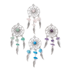 Смешанные камни Большие подвески из натуральных смешанных драгоценных камней, тканая паутина/сетка с подвесками из сплава крыльев, античное серебро, смешанные окрашенные и неокрашенные, 72x28~29x6.5~7 мм, отверстие : 2 мм