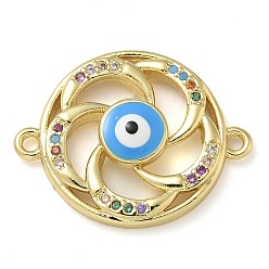 Темно-Голубой Стойка покрытие латунь цветной кубический цирконий вихревой соединитель подвески, эмалевые ссылки на дурной глаз, реальный 18 k позолоченный, долговечный, без свинца и без кадмия, глубокое синее небо, 22x17x4 мм, отверстие : 1.4 мм