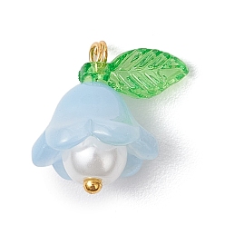 Лазурный Стеклянные подвески, цветок, с акриловыми и пластиковыми бусинами, имитирующими жемчуг, и золотистой латунной петлей, лазурный, 15.5x15x11 мм, отверстие : 1.2 мм