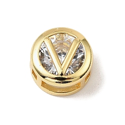 Letter V Латунные микро проложить кубического циркония многожильных ссылки, плоские круглые с буквы, реальный 18 k позолоченный, Буква V, 10x6.5 мм, отверстие : 5x3 мм