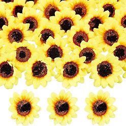 Yellow Handmade Silk Cloth Sunflower, Artificial Flower Head, For Wedding Party Decoration, Yellow, 66.5x26.5mm, Hole: 2.5mm