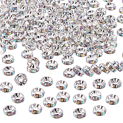 Crystal AB Brass Rhinestone Spacer Beads, Grade A, Straight Flange, Silver Color Plated, Rondelle, Crystal AB, 8x3.8mm, Hole: 1.5mm, 200pcs