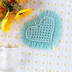 Dark Turquoise Cotton Macrame Cup Mats, Handmade Braided Tassel Coaster, Heart, Dark Turquoise, 150x200mm