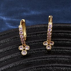 Pink Серьги-кольца из латуни с микропаве из кубического циркония и изображением трех клеверов, стойки покрытие, долговечный, без кадмия и без свинца, реальный 18 k позолоченный, розовые, 19x6x13.5 мм
