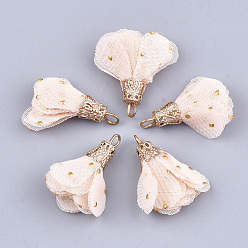 Peachpuff Eisen Anhänger & Charms, mit Chiffon, Blume, golden, peachpuff, 23~28x20~30 mm, Bohrung: 1~3 mm