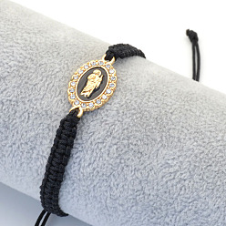 Черный Религиозные браслеты из сплава со стразами и эмалью, Браслеты из хлопкового шнура, плетеные для мужчин, овал с отцом, чёрные, 6.30~11.81 дюйм (16~30 см)