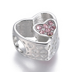 Light Rose 304 Stainless Steel European Beads, Large Hole Beads, with Rhinestone, Heart, Stainless Steel Color, Light Rose, 11x11.5x7.5mm, Hole: 4.5mm