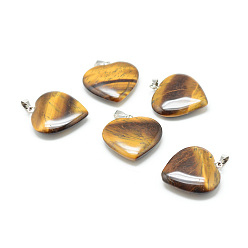 Tiger Eye Natural Tiger Eye Gemstone Pendants, with Platinum Tone Brass Findings, Heart, 25~27x24.5~26x5~6mm, Hole: 7x3mm