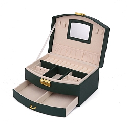 Темно-Зеленый 2-ярусный ящик для хранения ювелирных изделий из искусственной кожи, с зеркалом внутри, прямоугольные, темно-зеленый, 20x16x10.5 см