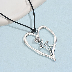 Античное Серебро Рождение цветок сердце кулон цинковый сплав черный искусственная замша шнур ожерелья для женщин, античное серебро, 31.50~33.46 дюйм (80~85 см)