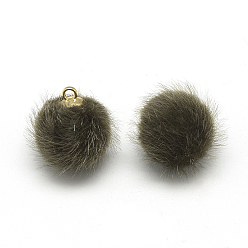 Цвет Оливы Подвески из искусственного меха норки, с фурнитурой латунной золотого тона, круглые, оливковый, 12~14x10 мм, отверстие : 1.5 мм