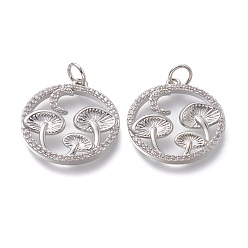 Real Platinum Plated Autumn Theme Brass Micro Pave Clear Cubic Zirconia Pendants, with Jump Rings, Long-Lasting Plated, Flat Round with Mushroom, Real Platinum Plated, 21x19x3mm, Hole: 3.5mm