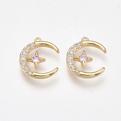 Бледно-Розовый Латунь прелести циркония кубической, луна, без никеля , реальный 18 k позолоченный, розовый жемчуг, 13.5x12x2 мм, отверстие : 0.8 мм