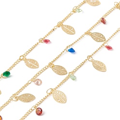 Colorful Handmade Cubic Zirconia Cone & Brass Leaf Charms Chain, with Curb Chains, Real 18K Gold Plated, Lead Free & Cadmium Free, Soldered, with Spool, Colorful, 2x2x0.5mm