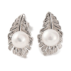 Real Platinum Plated 925 Sterling Silver Leaf Stud Earrings, with Natural Pearl, Real Platinum Plated, 17x10mm