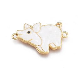 White Shell Brass Links Connectors, with Natural White Shell and Enamel, Long-Lasting Plated, Pig, White, Golden, 15x25x2.5mm, Hole: 1.5mm