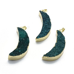 Dark Slate Gray Natural Druzy Agate Pendants, Edge Golden Plated, with Golden Tone Brass Finding, Moon, Dyed & Heated, Dark Slate Gray, 33~34x14~14.5x8.5~11.5mm, Hole: 3.5x6mm