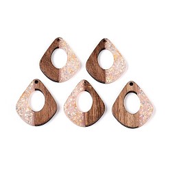 Розовый Подвески из непрозрачной смолы и орехового дерева, слезинки, с блестящей пудрой и золотой фольгой, туманная роза, 32.5x27.5x3 мм, отверстие : 2 мм