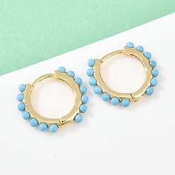 Настоящее золото 18K Круглые серьги-кольца из синтетической бирюзы и латуни., без кадмия и без свинца, долговечный, стойки покрытие, реальный 18 k позолоченный, 14.5x16.5x2 мм