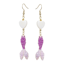 Фиолетовый Серьги с подвесками из стекла и ракушек, женские серьги с подвесками «рыба и сердце» 304 из нержавеющей стали, золотые, фиолетовые, 76.5~82x17 мм