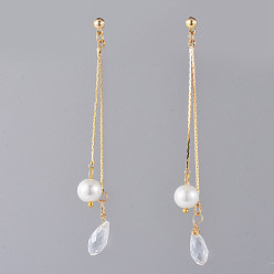 Clear Long Chain Earrings, Brass Dangle Stud Earrings, with Glass Beads and Earring Backs, Golden, Clear, 83mm, Pin: 0.7mm