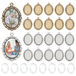 Античный Серебрянный & Античный Золотой Наборы для изготовления овальных подвесок своими руками, в том числе кабошоны из прозрачного стекла, Сеттинги для кабошонов или кулона, сплав, тибетский стиль , старинное серебро и античный золотой, 39x29x2 мм, отверстие : 2.5 мм