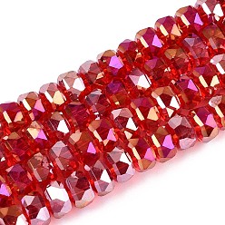 Малиновый Гальванизируйте прозрачное стекло бисер нитей, рондель, граненые, с покрытием AB цвета, малиновый, 7.5~8x4.5~5.5 мм, отверстие : 1.2~1.4 мм, около 34~37 шт / нитка, 7.09~7.28 дюйм (18~18.5 см)