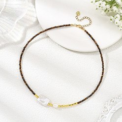 Tiger Eye Rectangle Natural Baroque Keshi Pearl and Faceted Round Natural Tiger Eye Beaded Necklaces for Women, Golden, 15.12 inch(38.4cm)