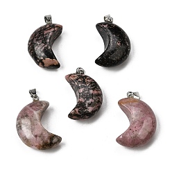 Родонит Природные подвески родонит, подвески в виде луны 304 с защелками из нержавеющей стали, цвет нержавеющей стали, 34~34.5x23~23.5x12~12.5 мм, отверстие : 6.5x4 мм