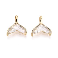 Белый Подвески из латуни, окрашенные распылением, с паве из кубических цирконий, рыбий хвост, белые, 16x14.5x4.5 мм, отверстие : 3.5x2 мм