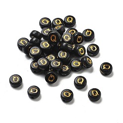 Letter Q Покрытие непрозрачных акриловых бисер, золотой металл обвитыми, плоские круглые с буквы, Буква Q, 7x3.5 мм, отверстие : 1.2 мм, Около 3846 шт / 500 г