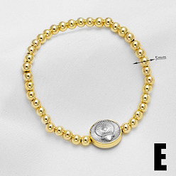 Heart Duo Tone Brass Flat Round and Round Beaded Stretch Bracelets, Platinum & Golden, Sacred Heart, 6.30 inch(16cm)