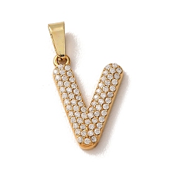 Letter V 304 Stainless Steel Micro Pave Clear Cubic Zirconia Pendants, Letter Charms, Golden, Ion Plating(IP), Letter V, 18x12.5x2.5mm, Hole: 6x2.5mm