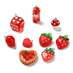 Red Resin Pendants, with Platinum Plated Iron Loops, Dice & Strawberry & Bear, Mixed Shapes, Red, 14.5~26x10~22x5.5~14mm, Hole: 2mm, about 9pcs/bag