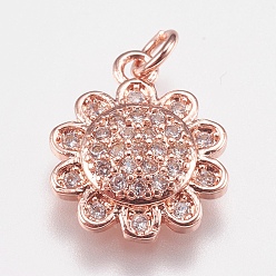 Rose Gold Brass Micro Pave Cubic Zirconia Charms, Flower, Rose Gold, 14x11.5x3mm, Hole: 2mm