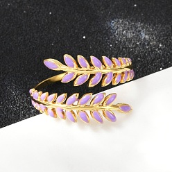 Фиолетовый 304 регулируемые манжетные кольца из нержавеющей стали, с эмалью, лист, реальный 18 k позолоченный, фиолетовые, 18 мм, внутренний диаметр: регулируемый