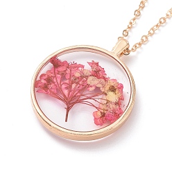 Hot Pink Dry Pressed Real Flower Resin Pendant Necklace, Light Gold Alloy Choker Necklace for Women, Hot Pink, 19.69 inch~20.47 inch(50~52cm)
