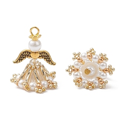 (932FM) Темно-синий аква-матовый с подкладкой Стеклянные подвески, ангел, с акриловыми и пластиковыми бусинами, имитирующими жемчуг, железной петлей и сплавом, темно-золотистые, 27.5x21.5 мм, отверстие : 3 мм