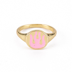 Pearl Pink Alloy Enamel Wide Band Rings, Cadmium Free & Lead Free, Light Gold, Oval with Flame, Pearl Pink, US Size 6 3/4(17.1mm)