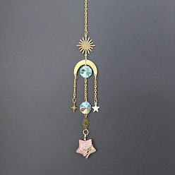 Rhodonite Natural Rhodonite Star Sun Catcher Hanging Ornaments with Brass Sun, for Home, Garden Decoration, Golden, 400mm